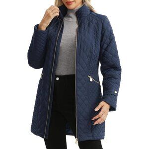 Women's Lightweight Navy Long Quilted Jackets Coat Design Warm Stand Collar